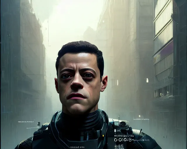 Image similar to highly detailed portrait of rami malek as an android, in detroit : become human, stephen bliss, unreal engine, fantasy art by greg rutkowski, loish, rhads, ferdinand knab, makoto shinkai and lois van baarle, ilya kuvshinov, rossdraws, tom bagshaw, global illumination, radiant light, detailed and intricate environment