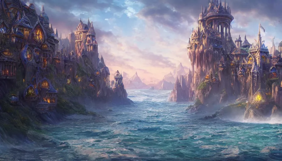 Prompt: a beautiful painting looking across a crystal clear sea at stormwind city from the warcraft movie, by greg rutkowski and kalin popov, trending on artstation, masterpiece,