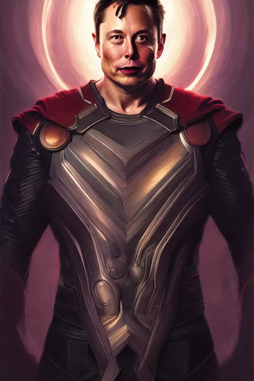 Image similar to elon musk as thor, realistic portrait, symmetrical, highly detailed, digital painting, artstation, concept art, smooth, sharp focus, illustration, cinematic lighting, art by artgerm and greg rutkowski and alphonse mucha