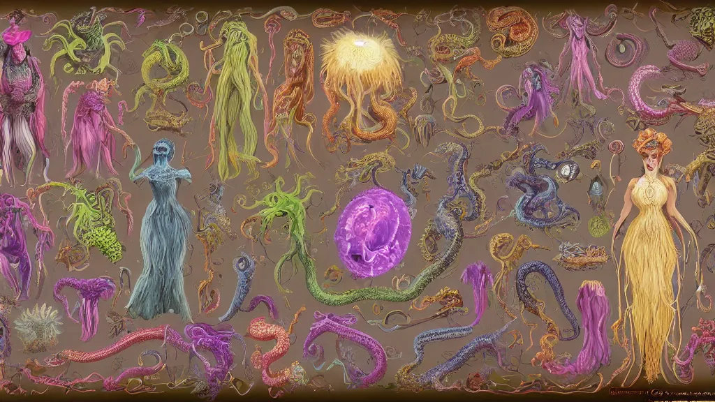 Image similar to highly detailed colorful character sheet for a stocky alien extraterrestrial victorian female servant maid with thick snake - like tentacles instead of hair, long dress with apron, ernst haeckel, jim henson creature shop, coherent, illustration, digital art, trending on artstation, hd, 8 k, good lighting, beautiful, rough paper, masterpiece