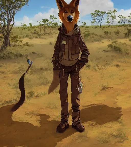 Prompt: stylized 3 / 4 portrait concept art of the anthro anthropomorphic dingo dog head animal person fursona wearing clothes adventurer standing in australia outback, hidari, color page, tankoban, 4 k, tone mapping, akihiko yoshida, greg rutowski, yoji shinkawa