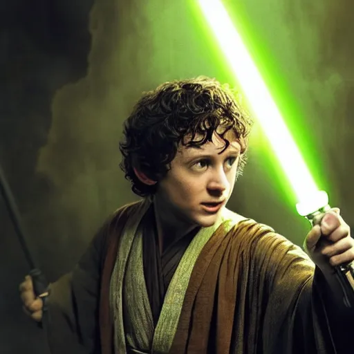 Prompt: frodo as jedi master, dramatic lighting,