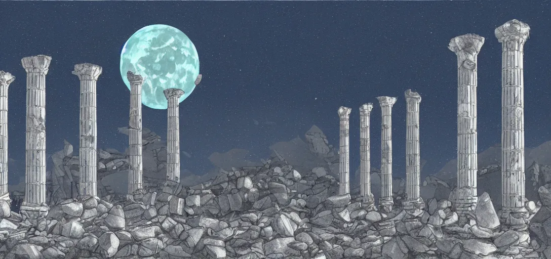 Image similar to The fall of the Silver Millennium from Sailor Moon, digital painting, Greek-esque columns and ruins on the moon