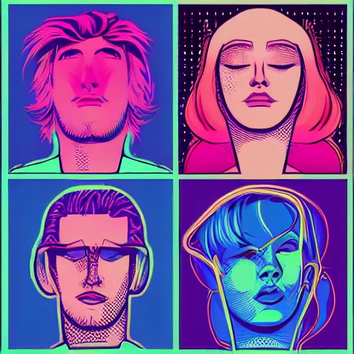 Image similar to two beautiful faces of a woman and a man, with a tatoo of semi colon on their face, in retro colors, synthwave style, 2 d digital vector art