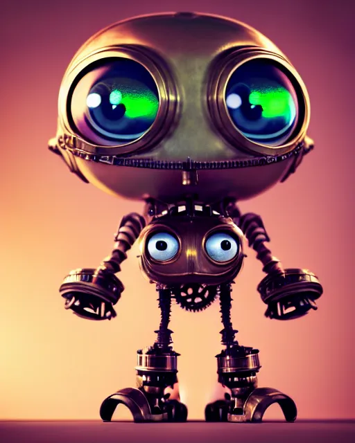 Prompt: a tiny cute steampunk cyborg with big eyes smiling waving, back view, isometric 3 d, ultra hd, character design by mark ryden pixar hayao miyazaki, unreal 5, daz, hyperrealistic, octane render, cosplay, rpg portrait, dynamic lighting, intricate detail, summer vibrancy, sharp focus, symmetrically isometrically centered
