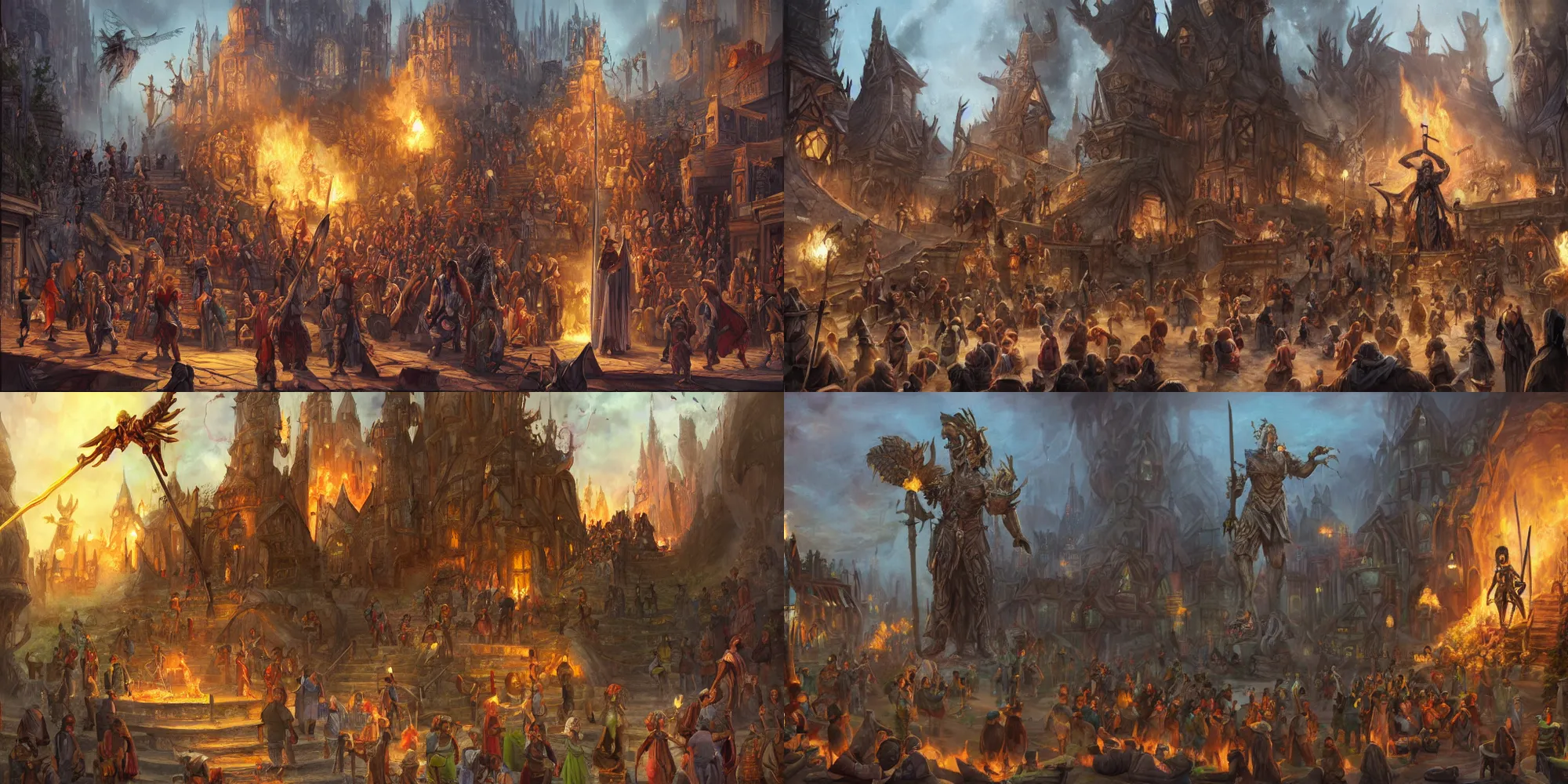Prompt: Painting of a poor human in fantasy city, a few humans and dwarves walking on the streets, two large stairs leads to a big woman statue with spear and wings and the fire lights on the spear
