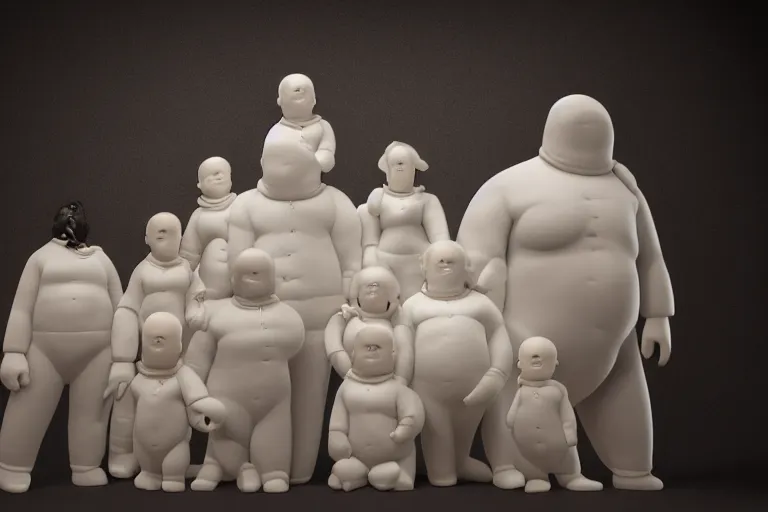 Prompt: alabaster sculpture of the Bibendum family portrait model illuminated from behind, Michelin Man family portrait, luminescence scattered light, sculpture, photograph, studio lighting, product photography, while marble, figurine, cryengine,