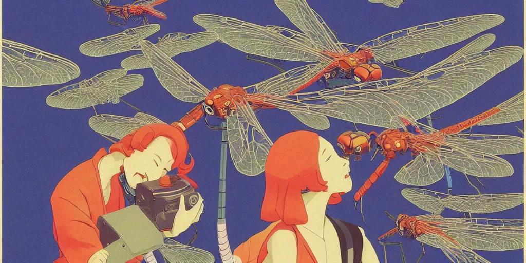 Image similar to gigantic dragonflies with human faces catch tiny robots, a lot of exotic mechas robots around, human heads everywhere, risograph by kawase hasui, edward hopper, satoshi kon and moebius, no text!, colorful flat surreal design, super - detailed, a lot of tiny details, fullshot