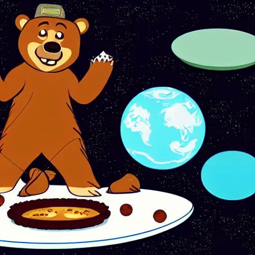 Prompt: Yogi the bear in a space suit on an alien planet eating pie