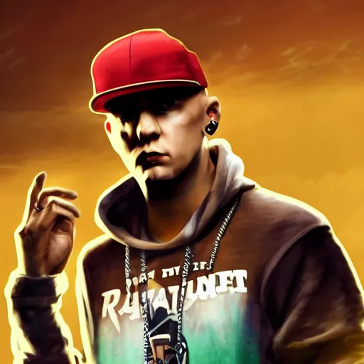 Image similar to rapper eminem as a character in the game league of legends, with a background based on the game league of legends, detailed face