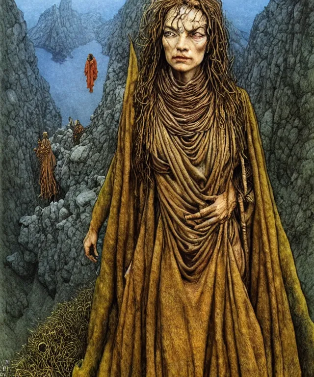 Image similar to A detailed semisnake-semiwoman stands among the hills. Wearing a ripped mantle, robe. Extremely high details, realistic, fantasy art, solo, masterpiece, art by Zdzisław Beksiński, Arthur Rackham, Dariusz Zawadzki