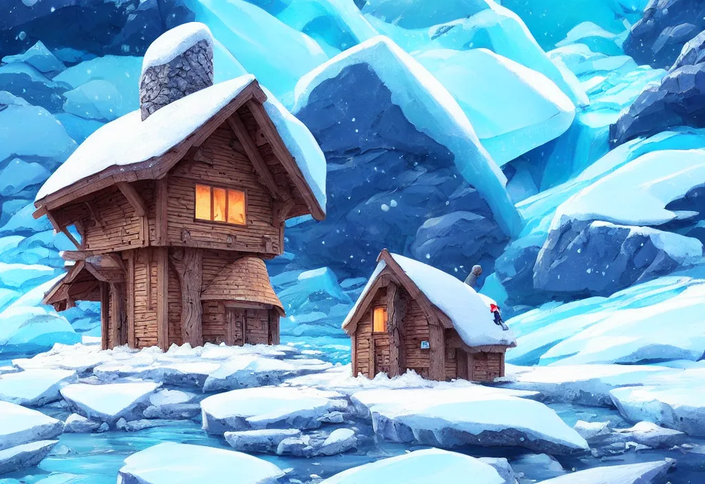 Prompt: tiny chubby wood house on a glacier, ice, rocks, snow, intricate oil painting, high detail illustration, sharp high detail, manga and anime 1 9 9 9, official fanart behance hd artstation by jesper ejsing and makoto shinkai, 4 k,