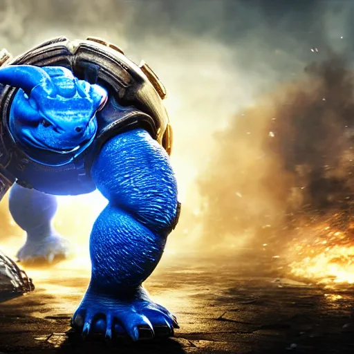 Image similar to Blastoise as Blastoise in gears of war, splash art, movie still, detailed face, photorealistic facial features, cinematic lighting, dramatic, octane render, long lens, shallow depth of field, bokeh, anamorphic lens flare, 8k, hyper detailed, 35mm film grain