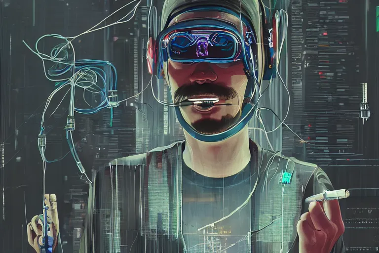 Prompt: man with wires on his head and a cigarette in his mouth, cyberpunk art by hayao miyazaki, behance contest winner, panfuturism, circuitry, darksynth, future tech