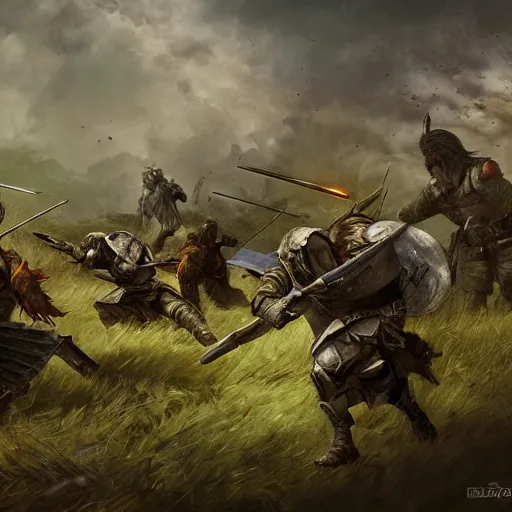 Image similar to war torn battlefield, figures fighting in the distance, a fallen warrior in focus, dnd, fantasy, high quality, high definition, concept art, smooth
