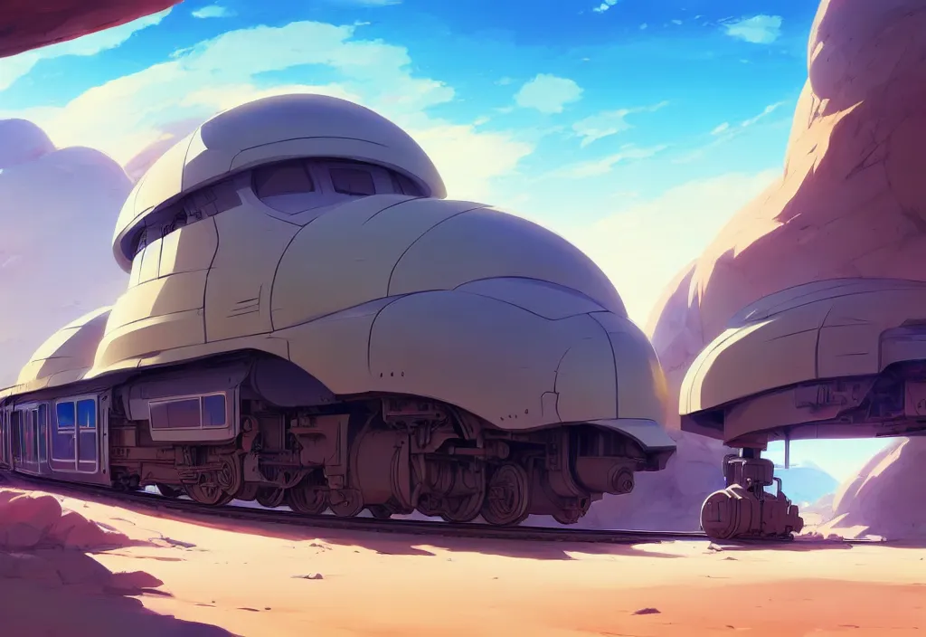 Image similar to futuristic train in a desert, rocks, anime, official fanart behance hd artstation by jesper ejsing and makoto shinkai, 4 k,