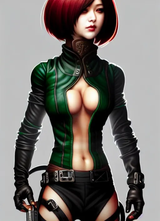 Image similar to rogue, leather bandit outfit!!! beautiful and athletic short hair female!! gorgeous face and eyes!! character concept art, sharp focus, octane render! unreal engine 5! highly rendered!! trending on artstation!! detailed linework!! illustration by artgerm, wlop, and chie yoshii