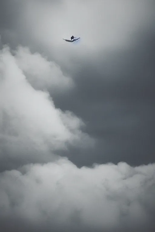 Prompt: agfa vista 4 0 0 photograph of a guy flying through the clouds, moody lighting, moody vibe, telephoto, 9 0 s vibe, grain, vintage, tranquil, calm, faded