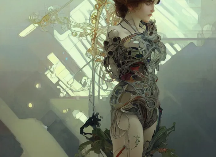 Image similar to extreme acupunture, exoskeleton, technology, posing, elegant, highly detailed, digital painting, artstation, concept art, smooth, sharp focus, illustration, art by krenz cushart and artem, demura and alphonse mucha