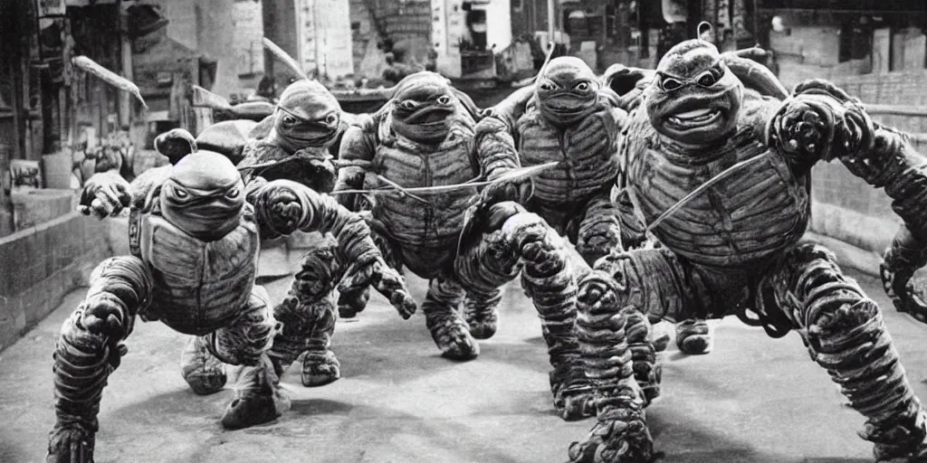 Prompt: old photo of robot ninja fighting teenage mutant ninja turtles by akira kurosawa