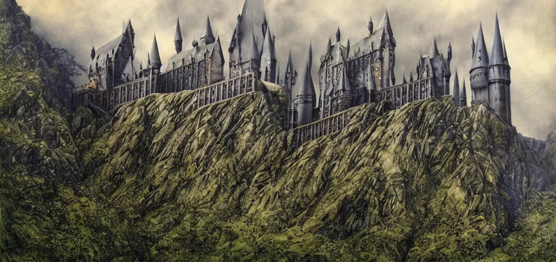 Prompt: Hogwarts landscape painted by Alan Lee