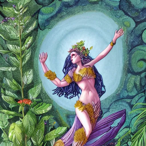 Image similar to earth goddess surveys her domain, plants erupting from the ground, high detail