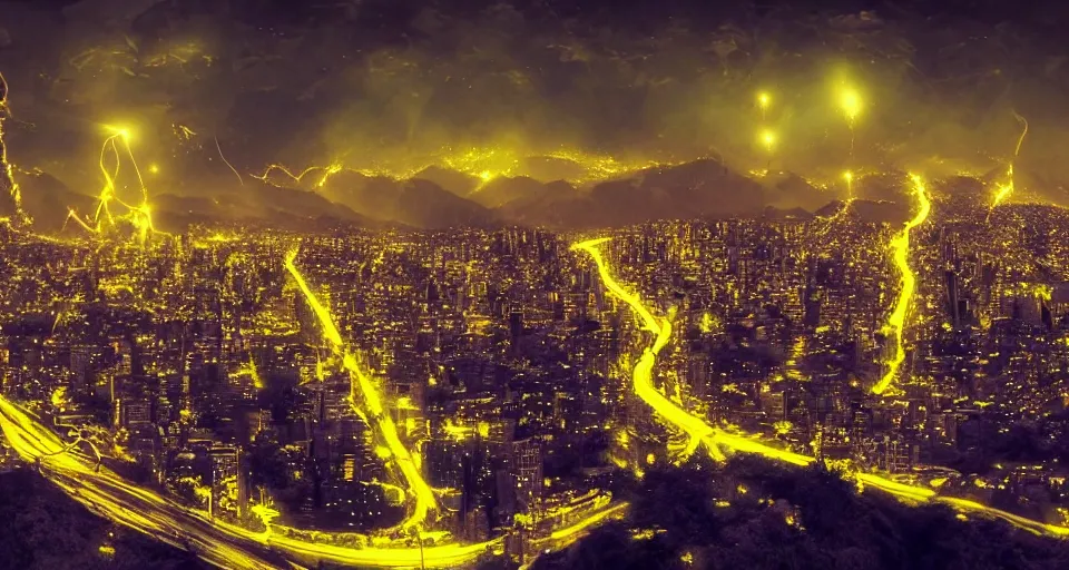 Image similar to alien invasion to santiago de chile, lights, high detail, cyberpunk, dream