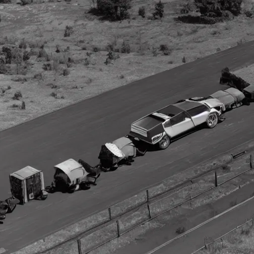 Prompt: a birds - eye view sepia photograph of a delorean in a line with covered wagons and cattle