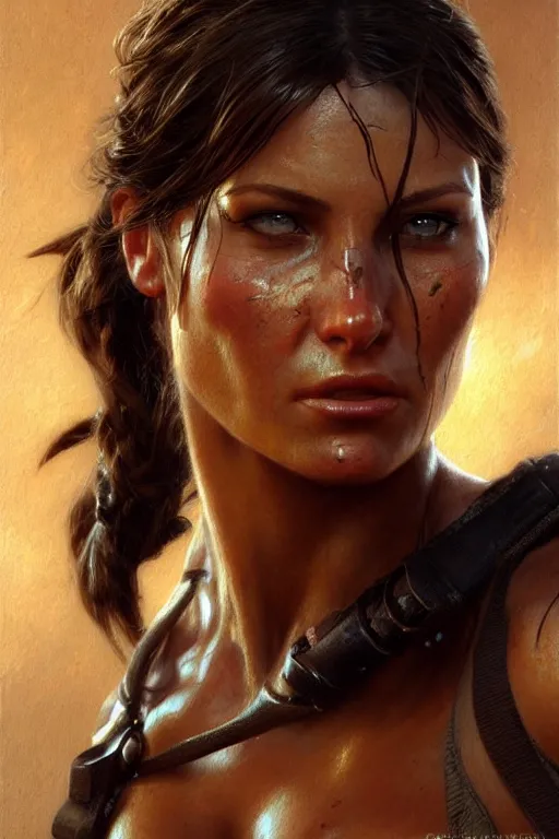 Image similar to muscular sweat lara croft, face close up, highly detailed painting by gaston bussiere, craig mullins, j. c. leyendecker 8 k