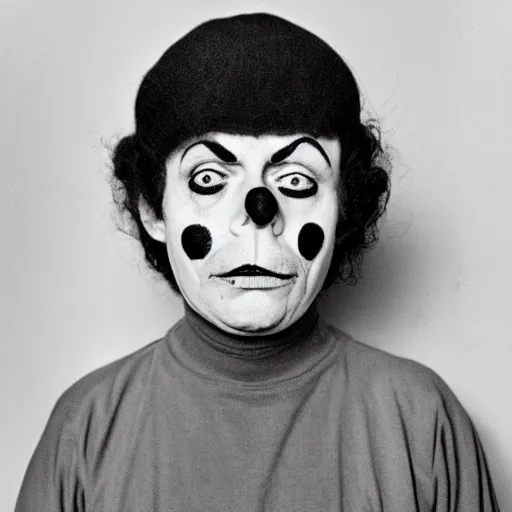 Image similar to portrait of clown by diane arbus, black and white photography