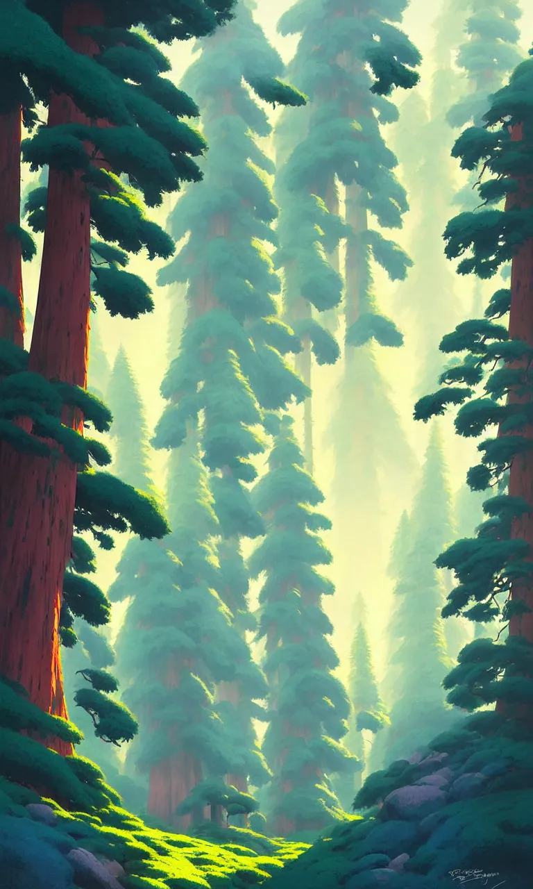 Image similar to Sequoia forest in a colorful moutain with beautiful trees , no people, morning, by studio ghibli painting, superior quality, masterpiece, traditional Japanese colors, by Grzegorz Rutkowski, concept art