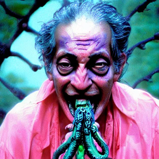 Prompt: expired fuji film coloured photograph portrait still of indian horror film character with tentacles from tv show from 1 9 9 5, hyperrealism, photorealism directed by steven spielberg and satyajit ray