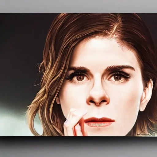 Prompt: of a cake with vanilla frosting which hides the face of kate mara, 4 k, hyperdetailed, photorealism