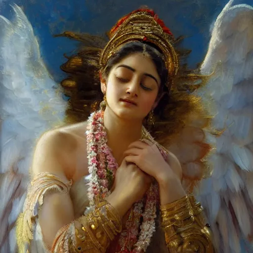 Prompt: detailed portrait of hindu traditional girl with angel wings coming down to earth in baroque painting, girl graceful, eyes closed, painting by gaston bussiere, craig mullins, j. c. leyendecker