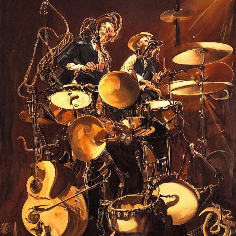 Image similar to a beautiful painting by joseph christian leyendecker of an octopus playing drums and telecaster guitar in a rock concert, dark background, concert light, dark mood, cold lighting