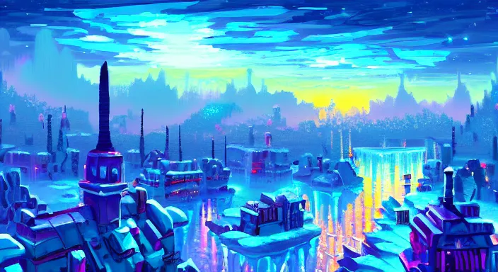 Prompt: beauiful background painting of an ice level of a 2 d sidescroller game, a city full of light in the distance, night time, video game art, pixel art, concept art, vivid and romantic, impressionism, ultra detailed, cool lighting, trending on artstation