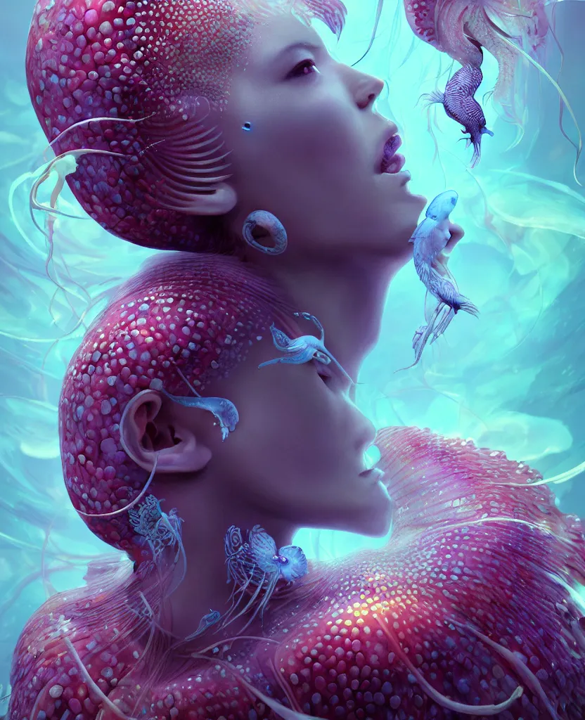 Prompt: goddess close-up portrait ribcagel. jellyfish phoenix head, nautilus, orchid, skull, betta fish, bioluminiscent creatures, intricate artwork by Tooth Wu and wlop and beeple. octane render, trending on artstation, greg rutkowski very coherent symmetrical artwork. cinematic, hyper realism, high detail, octane render, 8k