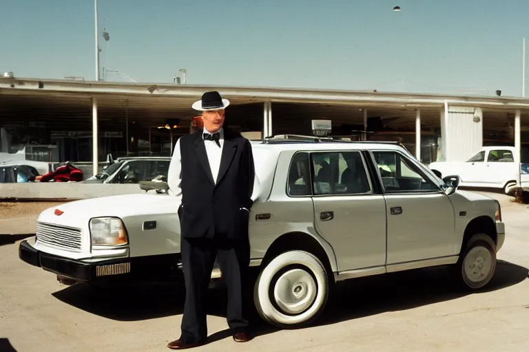 Prompt: cinematic still of portly clean-shaven white man wearing suit and necktie and boater hat at car dealership in 1994 film, XF IQ4, f/1.4, ISO 200, 1/160s, 8K, RAW, dramatic lighting, symmetrical balance, in-frame