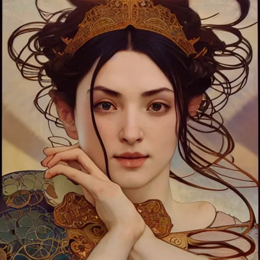 Image similar to lyanna stark zen, minimalist, sunny environment, highly detailed, realistic, up close shot shinji aramaki, karol bak, alphonse mucha