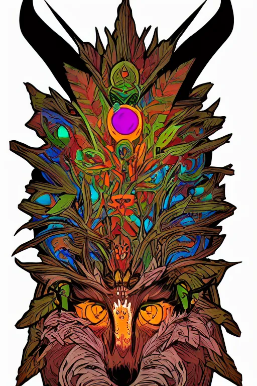 Image similar to animal mask totem roots flower tribal feather gemstone plant wood rock shaman vodoo video game vector cutout illustration vivid multicolor borderlands comics by josan gonzales and dan mumford radiating a glowing aura