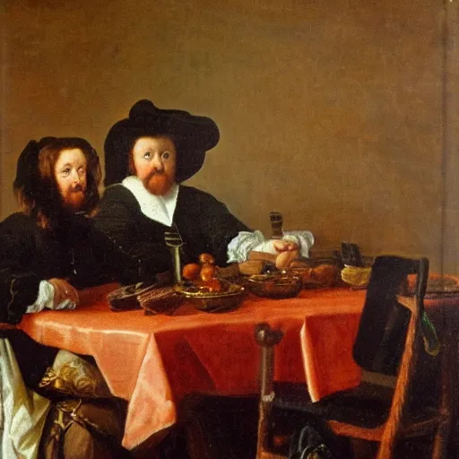 Image similar to Dutch oil painting from the 1600s, bitcoins on a table