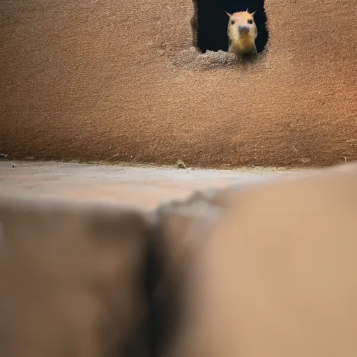 Prompt: a picture of a hole in a wall, a capybara emerges from the hole