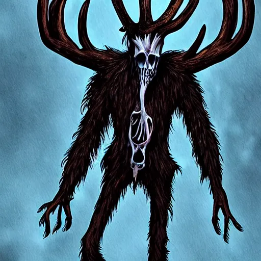 Image similar to rafeal albuquerque comic art : : wendigo monster with deer skull face, antlers, furry body, tall and lanky : : walking through the forest : : night time : : spooky, scary, fog