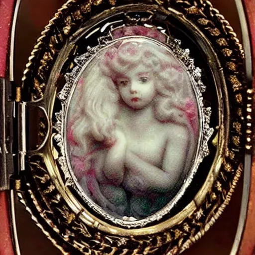 Image similar to sad old end of light, the dying rays peek through shining palace of hair; this locket a symbol of your love whose necklace frames lovingly a soft cherub face, the only beauty you wish would have left too soon to be remembered only in an idealized past. oh woe is you, no? woe is who?