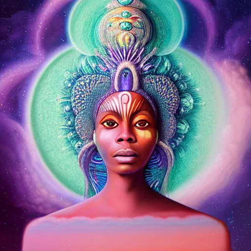 Image similar to obatala the african cosmic queen sitting in a cabana made of nebula clouds, by Adi granov and afarin sajedi and amanda sage and evgeni gordiets and Agostino Arrivabene in a psychedelic portrait style, ultrarealistic matte painting, volumetric lighting, fractal, extremely symmetrical, highly detailed face, orisha, 8k, hd