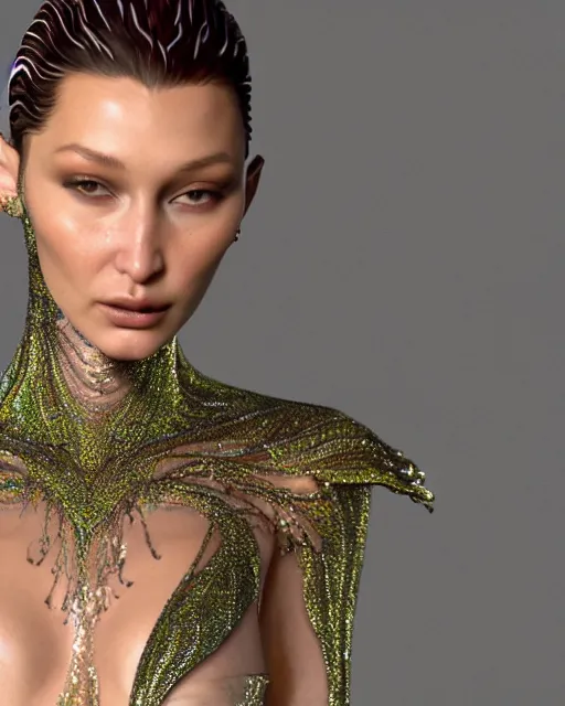 Image similar to a highly detailed metahuman 4 k close up render of an alien goddess bella hadid as alien in iris van herpen dress schiaparelli in diamonds crystals swarovski and jewelry iridescent in style of alphonse mucha gustav klimt trending on artstation made in unreal engine 4