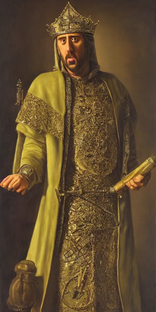 Prompt: a realist portrait of nicolas cage as pickle rick, staring at the viewer, full body, intense, as a medieval king by andrey shishkin, oil on canvas
