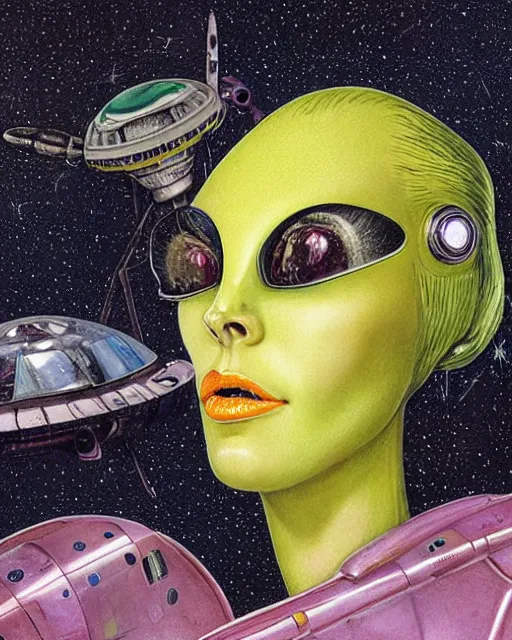 Prompt: portrait, headshot, pulp illustration by Laurie Lipton, of beautiful lady alien extraterrestrial with iridescent faceted bug eyes, standing in front of a crashed spacecraft, yellow feathered antennae coming out of her head, dark green and yellow mottled skin, sexy skintight pink and silver spacesuit, standing in front of a spacecraft near a lake, scifi, futuristic, realistic, hyperdetailed, chiaroscuro, concept art, art by gil elvgren, by Robert McGinnis