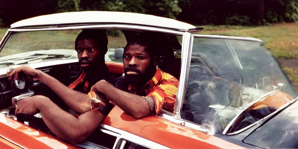 Image similar to bronx, black men sit in the 7 0 s car, holding a magnum, closeup, coloured film photography, bruce davidson photography