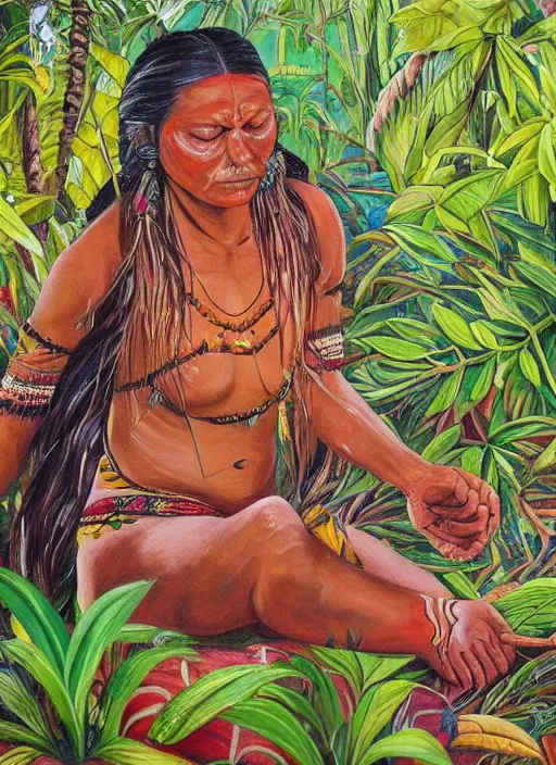 Prompt: a beautiful painting of an indigenous female doing artwork in the jungle, realistic, ayahuasca